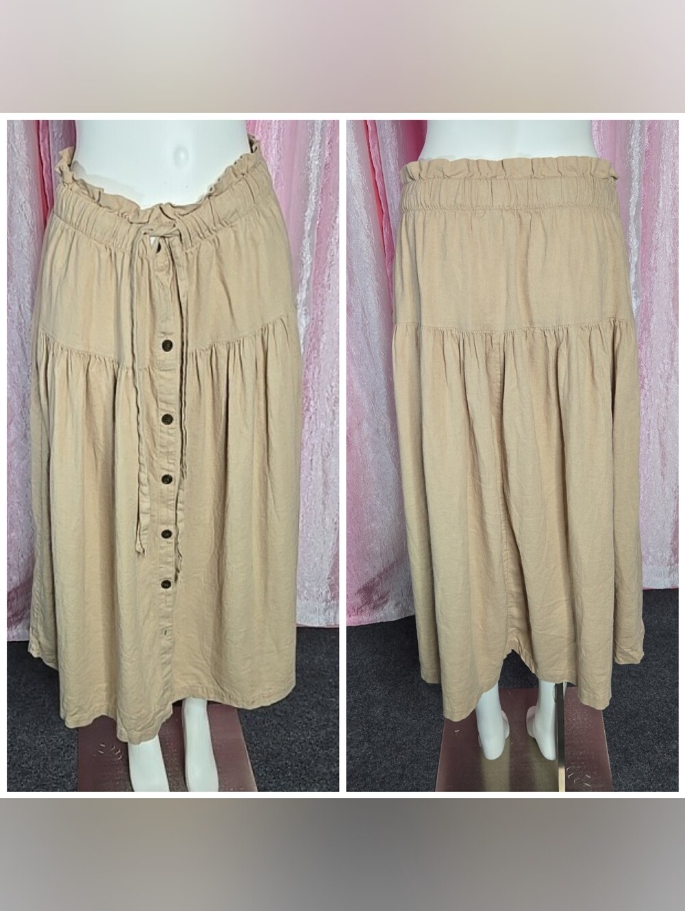 Universal Thread Boho Beige Linen Midi Button Front Pockets Skirt Size Medium